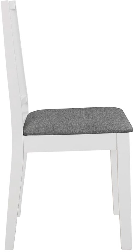 Vue latérale d'une chaise de salle à manger blanche avec une assise en tissu gris et un dossier à trois barreaux verticaux.