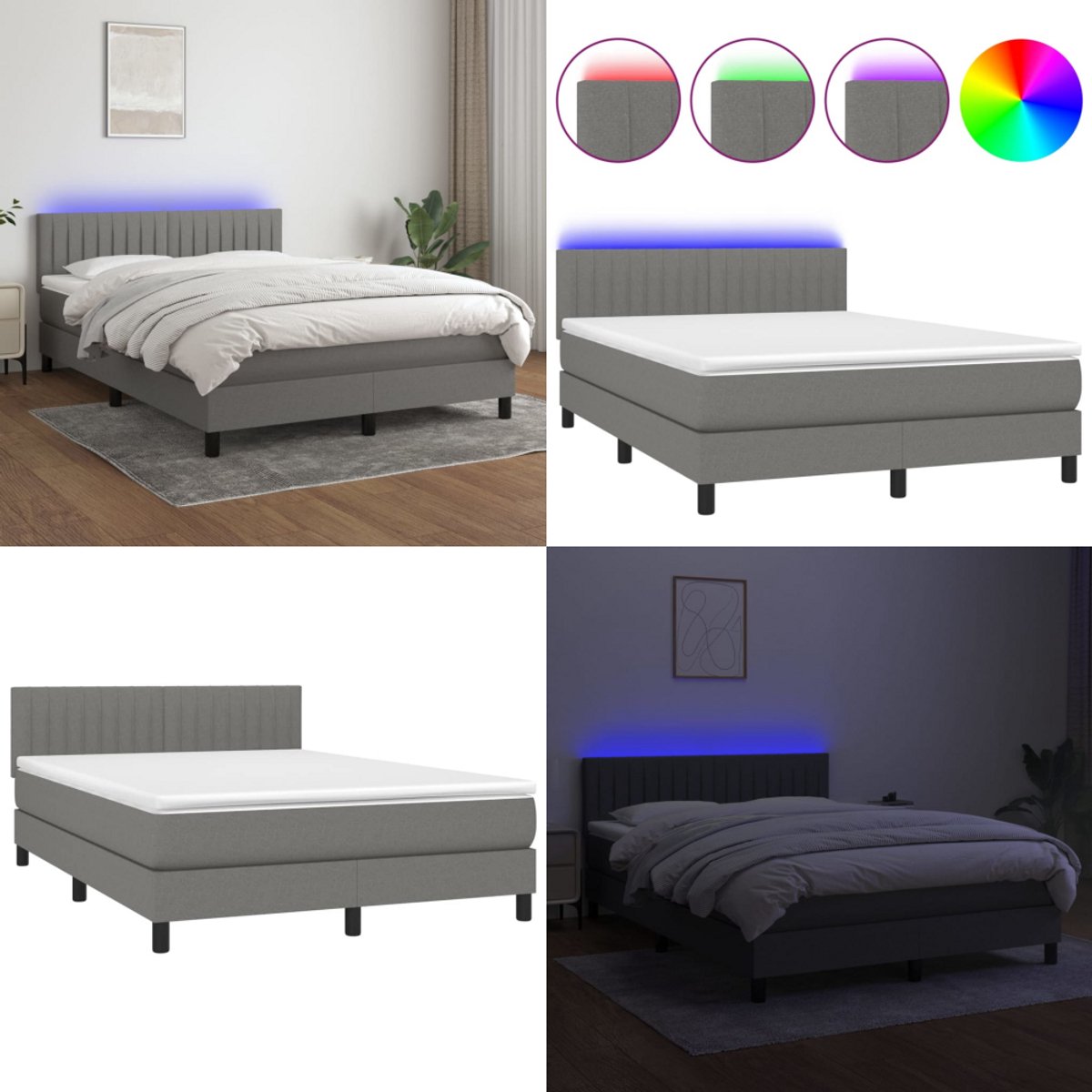 vidaXL Boxspring met matras en LED stof donkergrijs 140x190 cm - Boxspring - Boxsprings - Bed - Slaapmeubel
