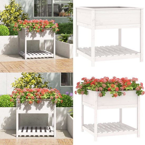 Foto: Vidaxl plantenbak met schap 82 5x82 5x81 cm massief grenenhout wit plantenbak plantenbakken verhoogde plantenbak kweekbak