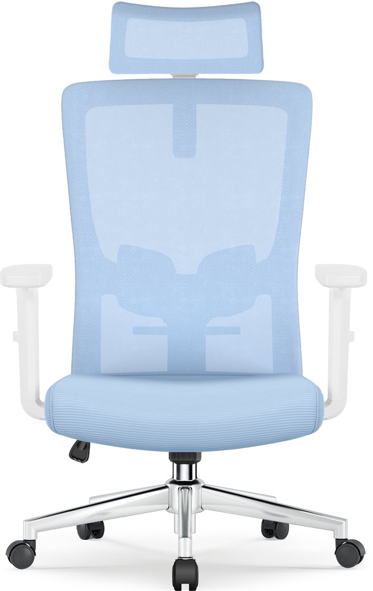 Ergonomische Bureaustoel - Bureaustoel - Bureaustoelen voor Volwassenen - met Verstelbare Hoofdsteun, Armleuningen en Lendensteun - 150 Kg - Blauw