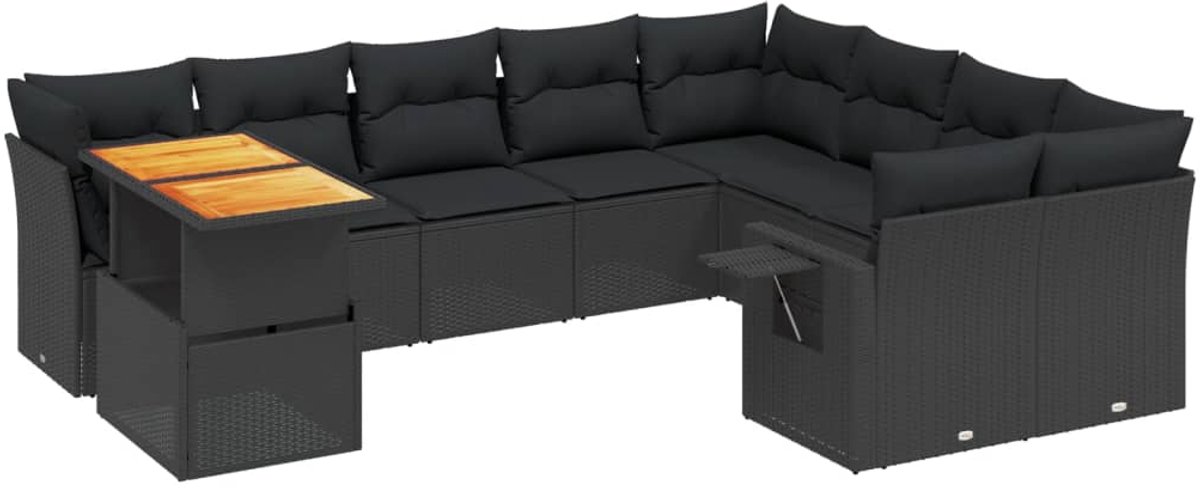 The Living Store 10-delige Loungeset met kussens poly rattan zwart - Loungeset - Tuinset - Lounge Set - Buitendecoratie - Tuinmeubels