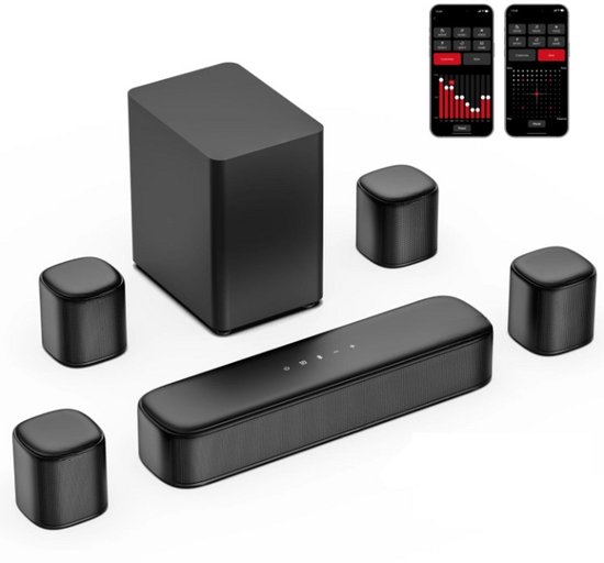 Soundbar - Soundbars voor tv en Theater - Soundbar met Subwoofer 350W - 7.1CH – 4 Surround Speakers – Bluetooth 5.3 – Voor TV & Thuisbioscoop - Compatibel met AUX - Optical - Input - USB - HDMI - Ingebouwd mic - EU-stekker - Zwart