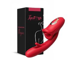 TipsToys® 3-in-1 Vibrator - Clitoris Zuiger en G Spot Stimulator met Likkende Tong - 10 Lik, Bef, Tril, Bijt, Vibratie & Pulse Standen - Dildo Sex Toys - Zuigende Teaser Tepel, Vagina, Clit - Seksspeeltjes voor Vrouwen - IPX6 - Rood