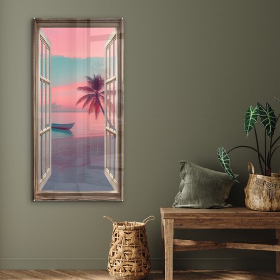 MuchoWow® Glasschilderij 60x120 cm - Schilderij acrylglas - Doorkijk - Strand - Palmboom - Tropisch - Foto op glas - Muurdecoratie woonkamer - Wanddecoratie slaapkamer - Schilderijen