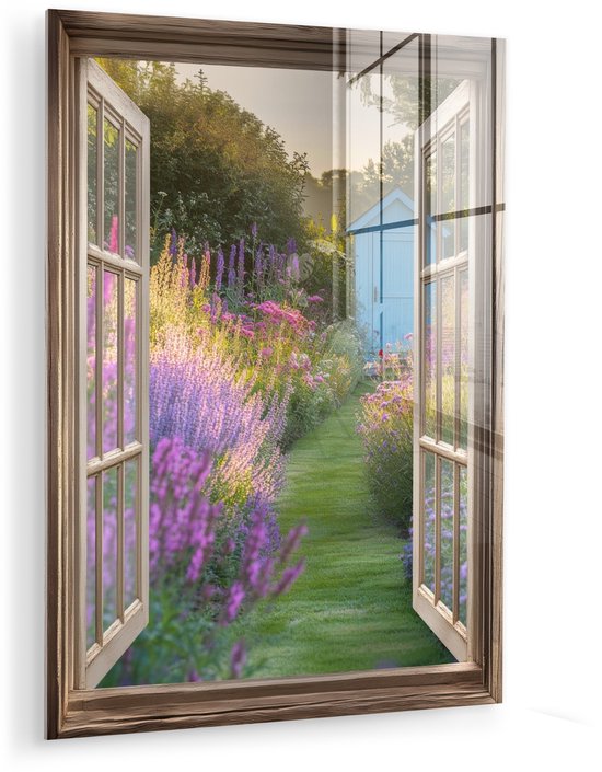 MuchoWow® Glasschilderij 90x120 cm - Schilderij acrylglas - Doorkijk - Bloemen - Raam - Natuur - Foto op glas - Muurdecoratie woonkamer - Wanddecoratie slaapkamer - Schilderijen