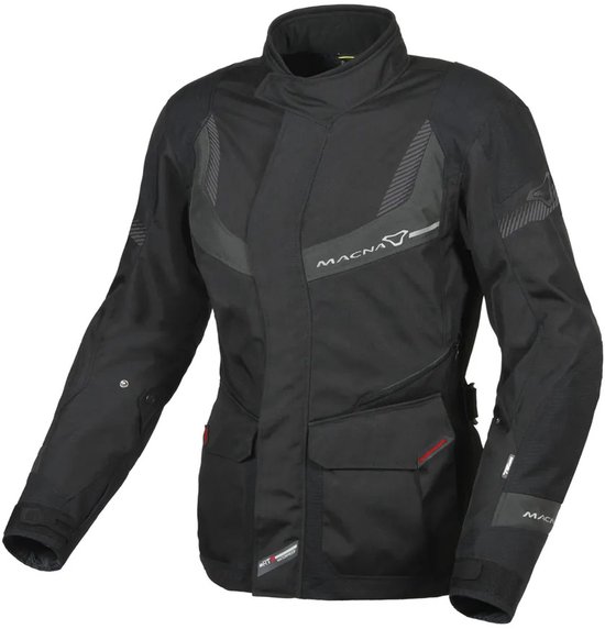 Zwarte Macna dames motorjas met grijze accenten en logo's. Twee voorzakken.