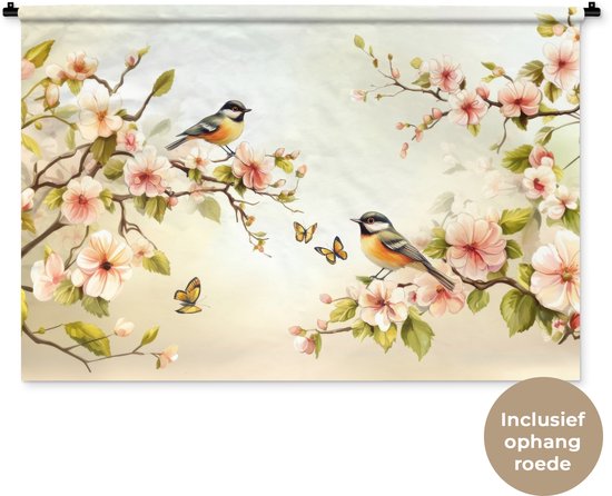 Deux oiseaux sur des branches fleuries avec des papillons, fleurs roses. Tige de suspension incluse.