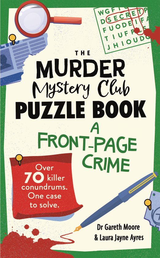 Boek: THE MURDER MYSTERY CLUB PUZZLE BOOK, A FRONT-PAGE CRIME, met vergrootglas, pen en woordzoeker.