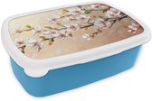 Broodtrommel Blauw - Lunchbox Bloesemtakken - Schilderachtig - Roze - Brooddoos 18x12x6 cm - Brood lunch box - Broodtrommels voor kinderen en volwassenen
