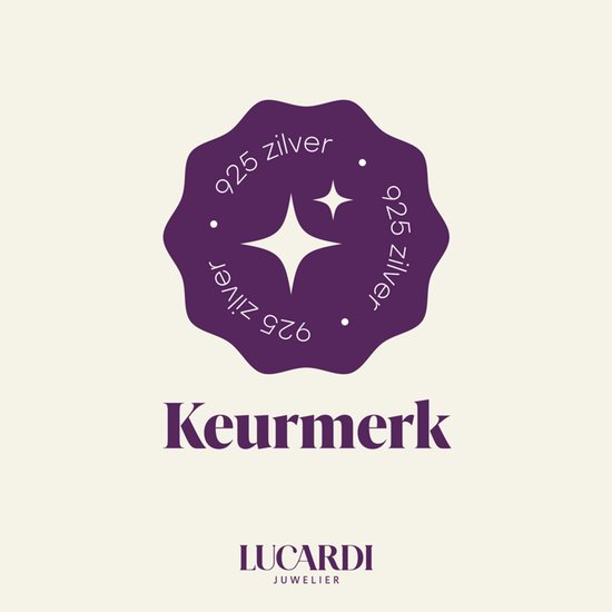 Poinçon violet avec '925 zilver' en cercles et une étoile, avec 'Keurmerk' et 'Lucardi Juwelier' en dessous.