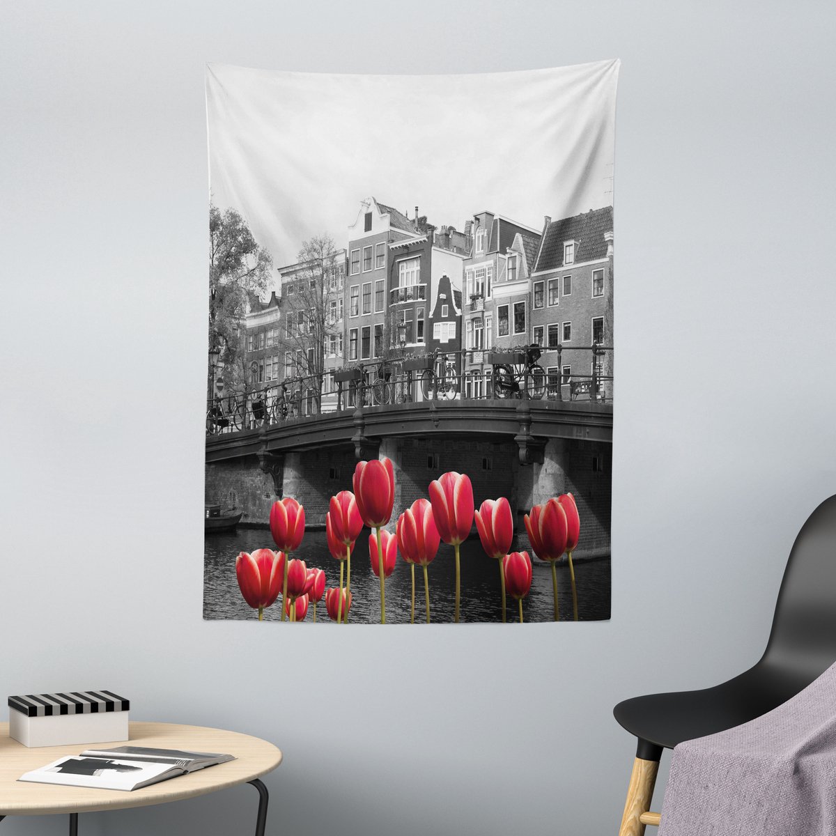 New Bed Zwart-wit Amsterdamse Grachten Decoratieve Wandtapijt, Stoffen Wanddecoratie voor Slaapkamer Woonkamer Studentenkamer, 110cm x 150cm Zwart, Wit, Rood
