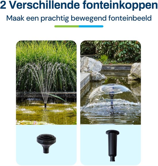 Twee verschillende fontein koppen voor een vijverpomp: een sproeier en een bellenvorm.