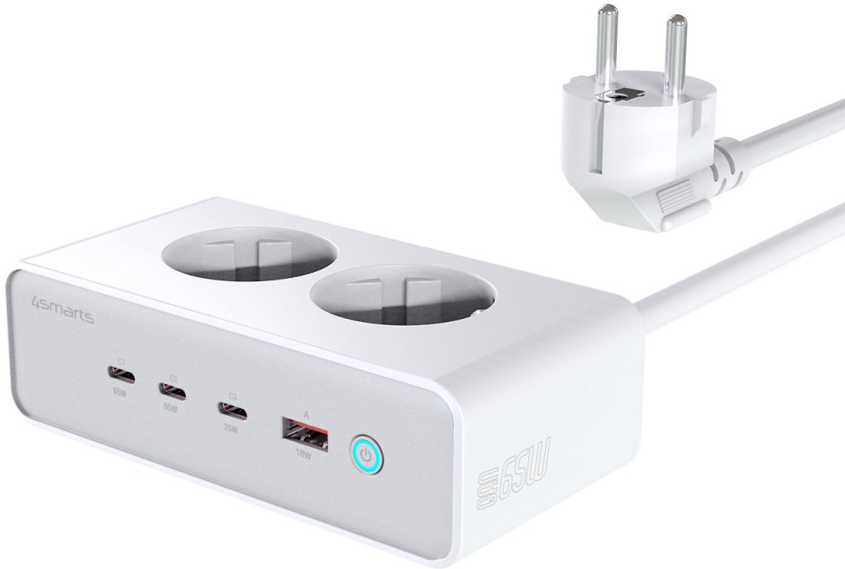 4smarts Oplaad Station Bureau GaN 65W 3X USB-C + 2X AC Stopcontact + USB-A Wit