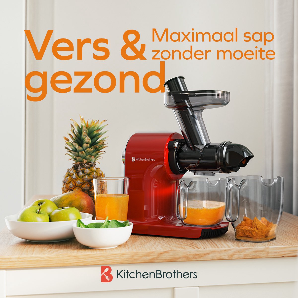KitchenBrothers Slowjuicer - Sapcentrifuge - Compact - Juicer - Groenten en Fruitpers - 45 mm - 500 ml - Rood thumbnail 2