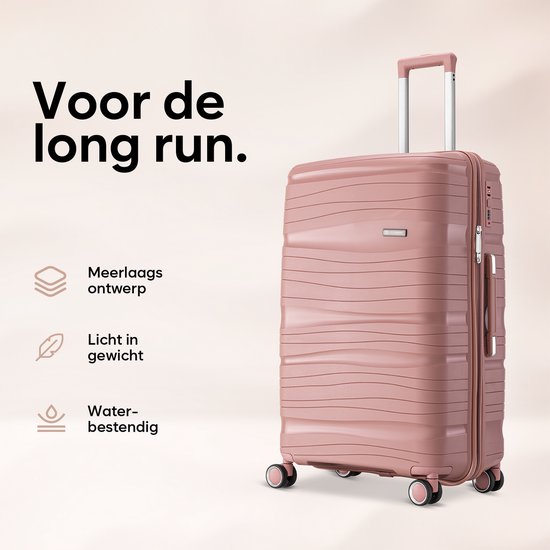 Een roze koffer met golvend patroon, die de eigenschappen "Meerlaags ontwerp", "Licht in gewicht" en "Waterbestendig" toont.