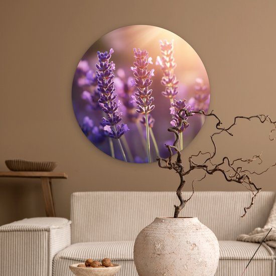 WallCircle® Wandcirkel 60x60 cm - Muurcirkel Lavendelbloemen - Paars - Zonlicht - Muurdecoratie woonkamer - Wanddecoratie slaapkamer - Kamer decoratie accessoires - Ronde schilderijen