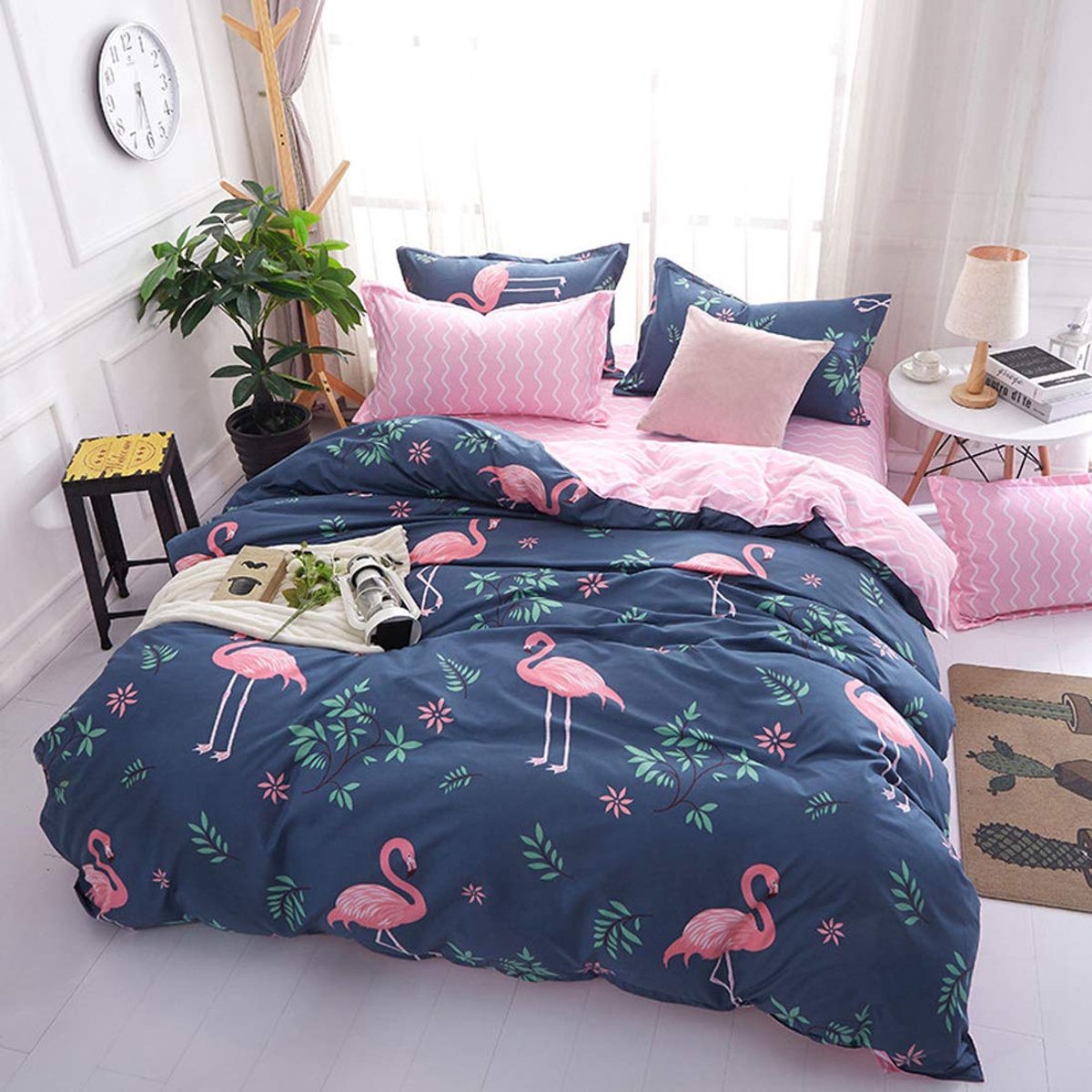 My Ninki ® Schattig Flamingo Dekbedovertrekset voor Kinderen en Volwassenen, Zachte Microvezel, Roze Bloemenmotief