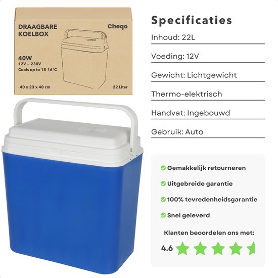 Cheqo® Auto Koelbox 22L - Draagbaar en Elektrisch 12V - Autokoelbox - Frigobox - Ideaal voor Camping - Kunststof van Cheqo — afbeelding 4
