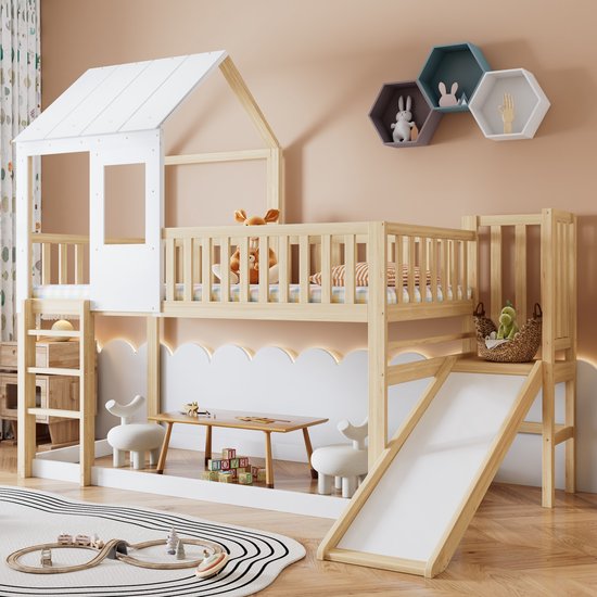 HAINEW Kinderbed, stapelbed, 140 x 200 cm en 90 x 200 cm, met laden en glijbaan, houten kinderhoogslaper met opbergruimte, trap en lattenbodem voor 2-3 kinderen, zonder matras (wit HAINEW Kinderbed, stapelbed, 140 x 200 cm en 90 x 200 cm, met laden en glijbaan, houten kinderhoogslaper met opbergruimte, trap en lattenbodem voor 2-3 kinderen, zonder matras (wit