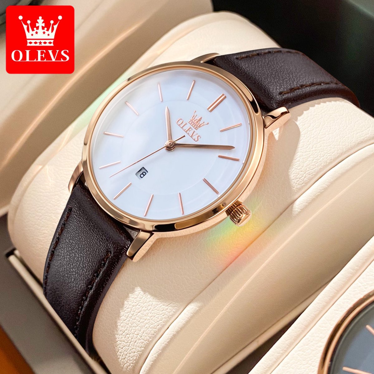 HO-5869.br-wiᵜrs-rs : Olevs lichtgewicht, rosékl, extreem dun, wit wijzerplaat, tijdloos klassiek minimalistisch quartzhorloge, dagnummer