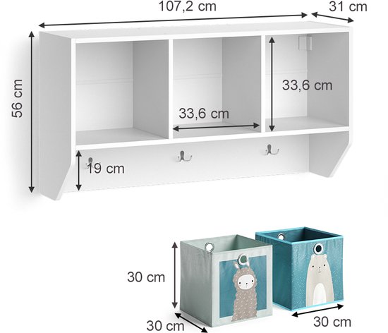 Étagère murale Vicco Luigi pour chambre d'enfant - 31 x 56 cm avec 2 boîtes pliantes opt.2 Wit avec 2 boîtes pliantes opt.2