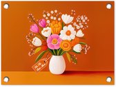 Tuinposter 40x30 cm - Tuindecoratie Vaas - Bloemen - Oranje - Poster voor in de tuin - Buiten decoratie - Schutting tuinschilderij - Tuindoek muurdecoratie - Wanddecoratie balkondoek