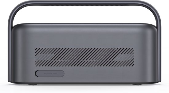 Achterkant van een zwarte Soundcore Motion X600 Bluetooth speaker. De achterkant heeft een rooster en een 'MOTION BASS' knop.