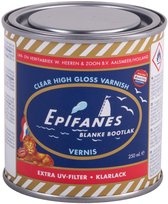 Blik Epifanes blanke lak met extra UV-filter, 250 ml. Blik met goud-wit gestreepte rand en blauw etiket met boot en leeuw.