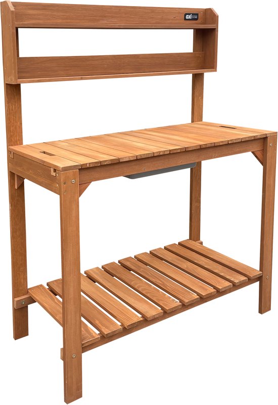 AXI Jardinière surélevée avec plan de travail coulissant, marron - Table de rempotage - Bois de pruche - 100 x 46 x 140 cm - Avec bac en plastique - Jardinière extérieur pratique avec espace de rangement