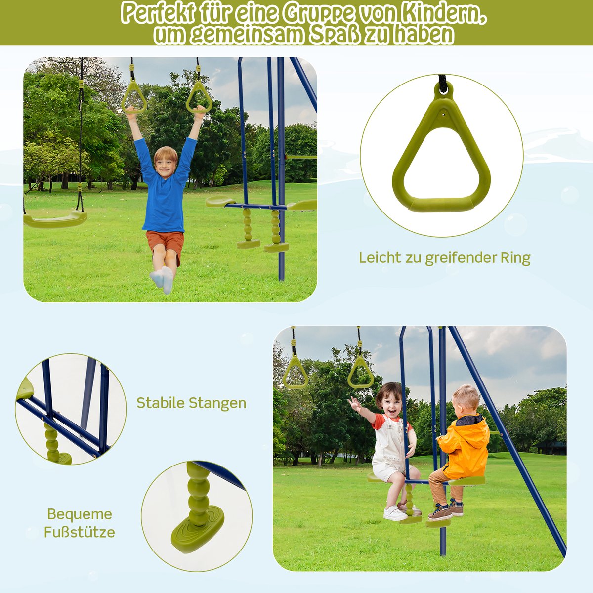 COSTWAY Schommelframe voor buiten, kinderen, 3-in-1, met 1 kant naar zicht, 2 ringen, 1 schommelbank, draagbaar, metaal, voor kinderen, belasting 200 kg, voor tuin, park, voor jongens en meisjes van 3 tot 10 jaar — afbeelding 5