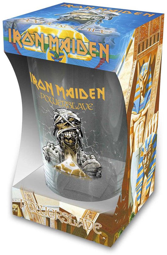 Iron Maiden Powerslave bierglas in verpakking met Egyptische thema's.
