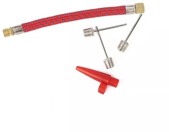 Rode met blauwe spikkels gevlochten pompslang met messing aansluitingen, drie metalen naalden en een rode plastic punt.