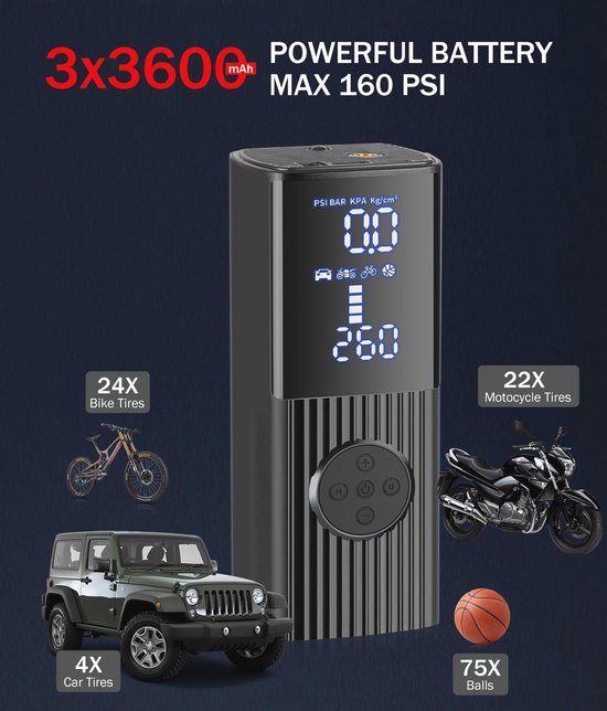 Draagbare elektrische luchtpomp, fietspomp, uitgerust met een 6000 mAh-batterij