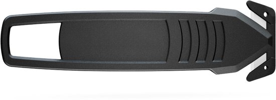 Zwarte kartonmes met een ergonomische handgreep en een veiligheidsmes.
