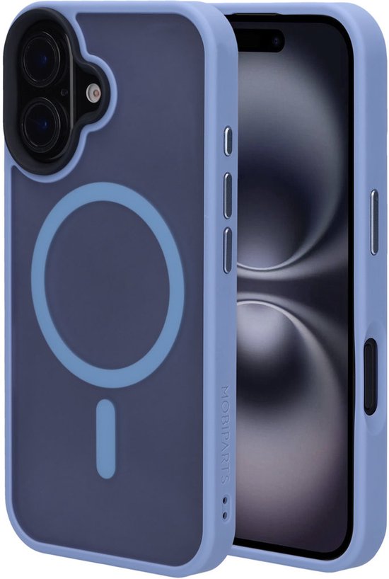 Coque bleu foncé avec cercle et bande MagSafe bleus, inscription MOBIPARTS.