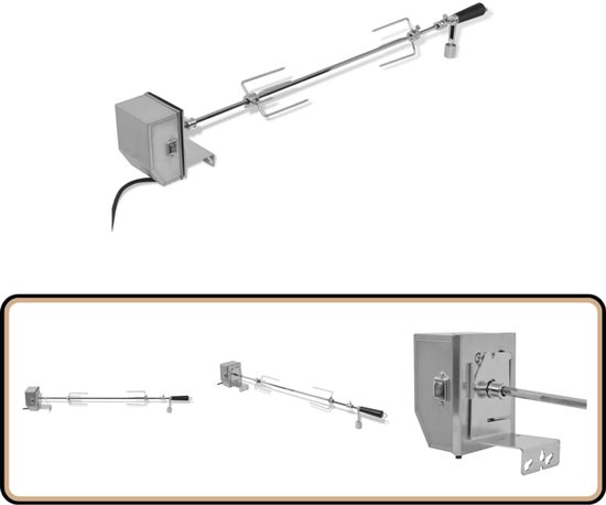 RVS braadspit met motor, twee vleesvorken en een handvat. Lengte 900 mm.