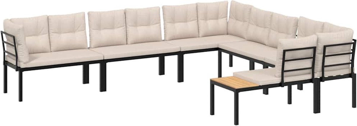 The Living Store 6-delige Loungeset met kussens gepoedercoat staal zwart - Tuinbank - Lounge Set - Buitendecoratie - Tuinset - Buitenleven