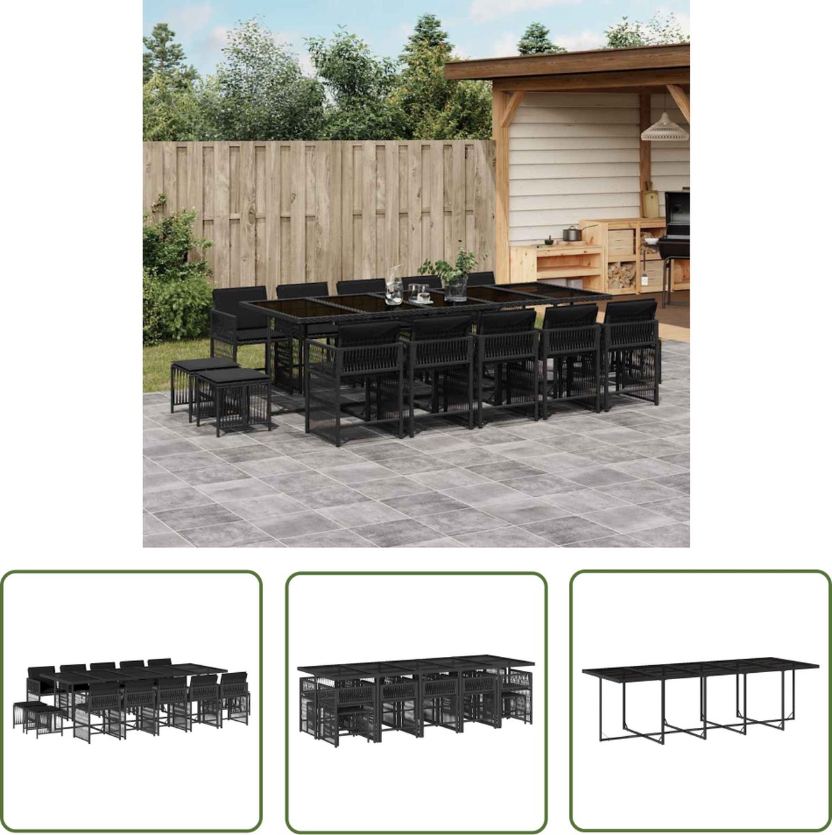 The Living Store 15-delige Tuinset met kussens poly rattan zwart - Tuinmeubles Set - Buiten Eetkamer - Lounge Set - Rattan Meubel - Zwarte Tuinstoelen