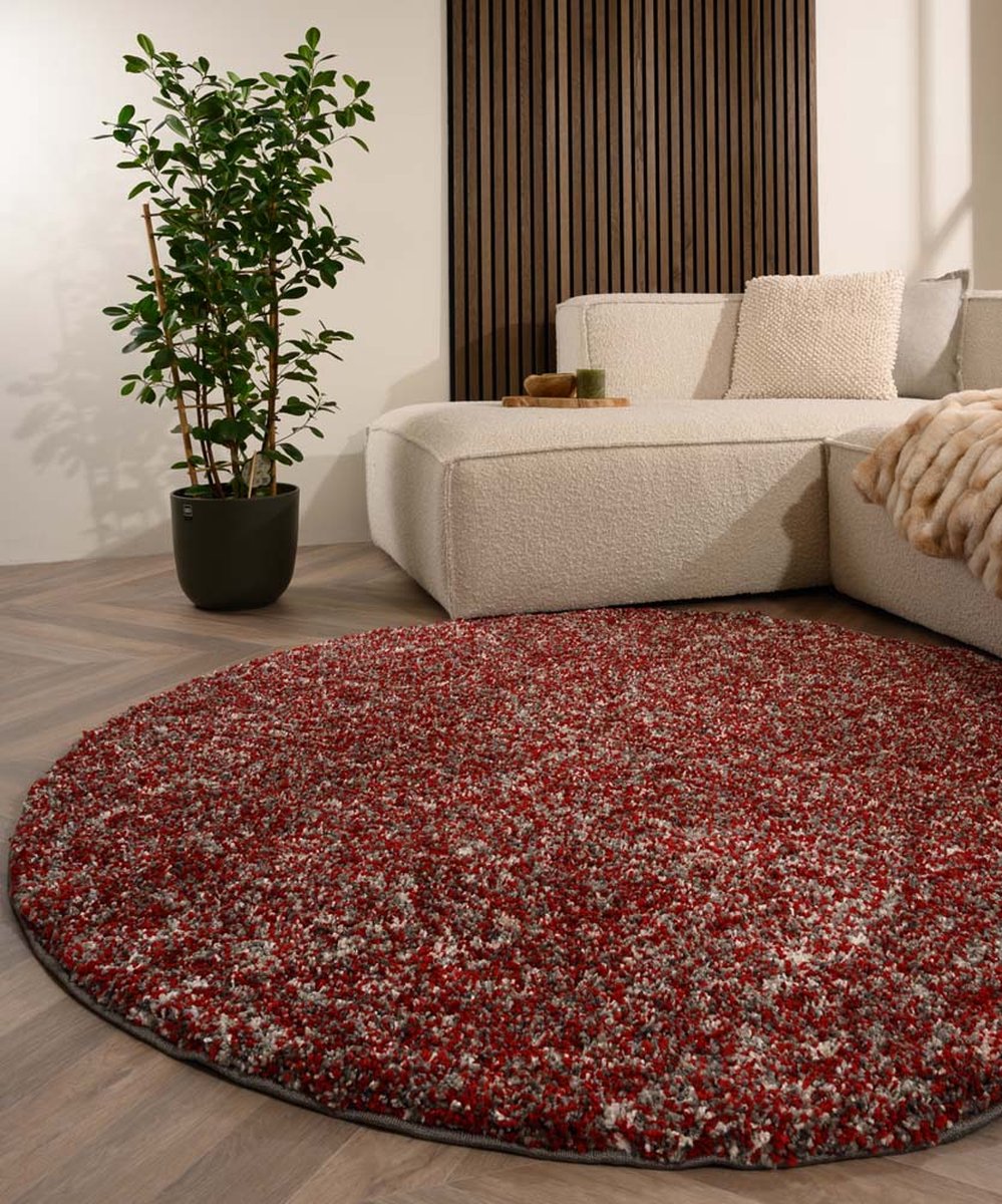 Rond hoogpolig vloerkleed - Blend rood/grijs 80 cm