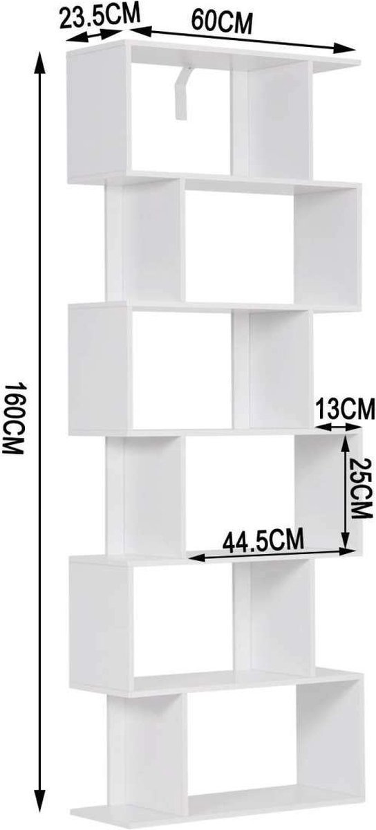 Bolt Edge Boekenkast - Wit - Open - 6 vakken - Voor woonkamer of slaapkamer - 60x23.5x160cm