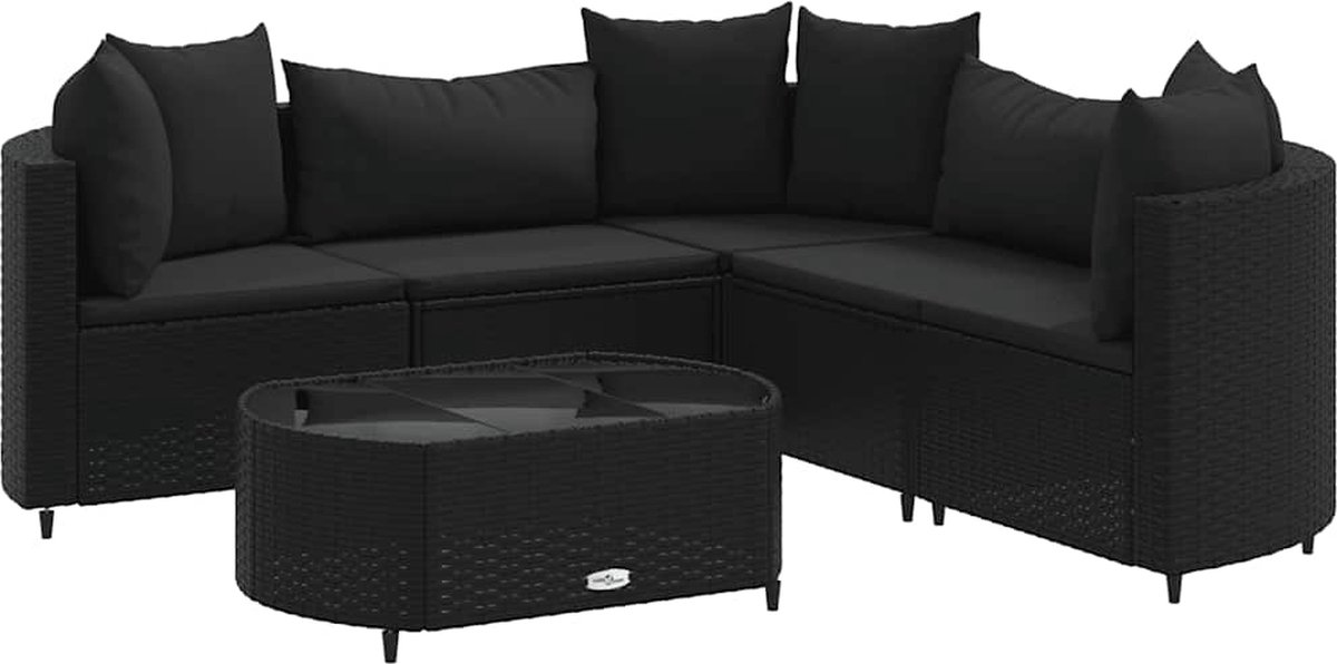 Zwarte poly rattan loungeset met kussens voor tuindecoratie - The Living Store