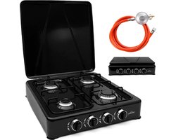Pluto® - Homelux - Gas kooktoestel 4 pits - Campingkooktoestel - Gaskookplaat - 1.5 M Slang - 50mbar drukregelaar - Zwart