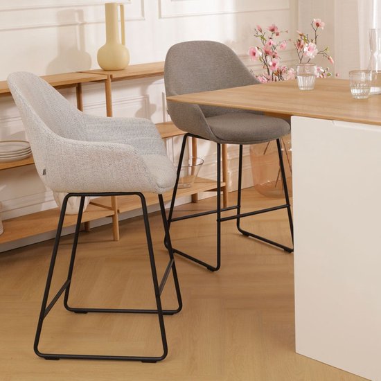 Nolon Nino-Mae Tabouret de Bar Beige Mixte - Piètement Zwart - 75 cm - Tabouret Haut - Tabouret de Bar avec Dossier - Design - Scandinave - Confortable