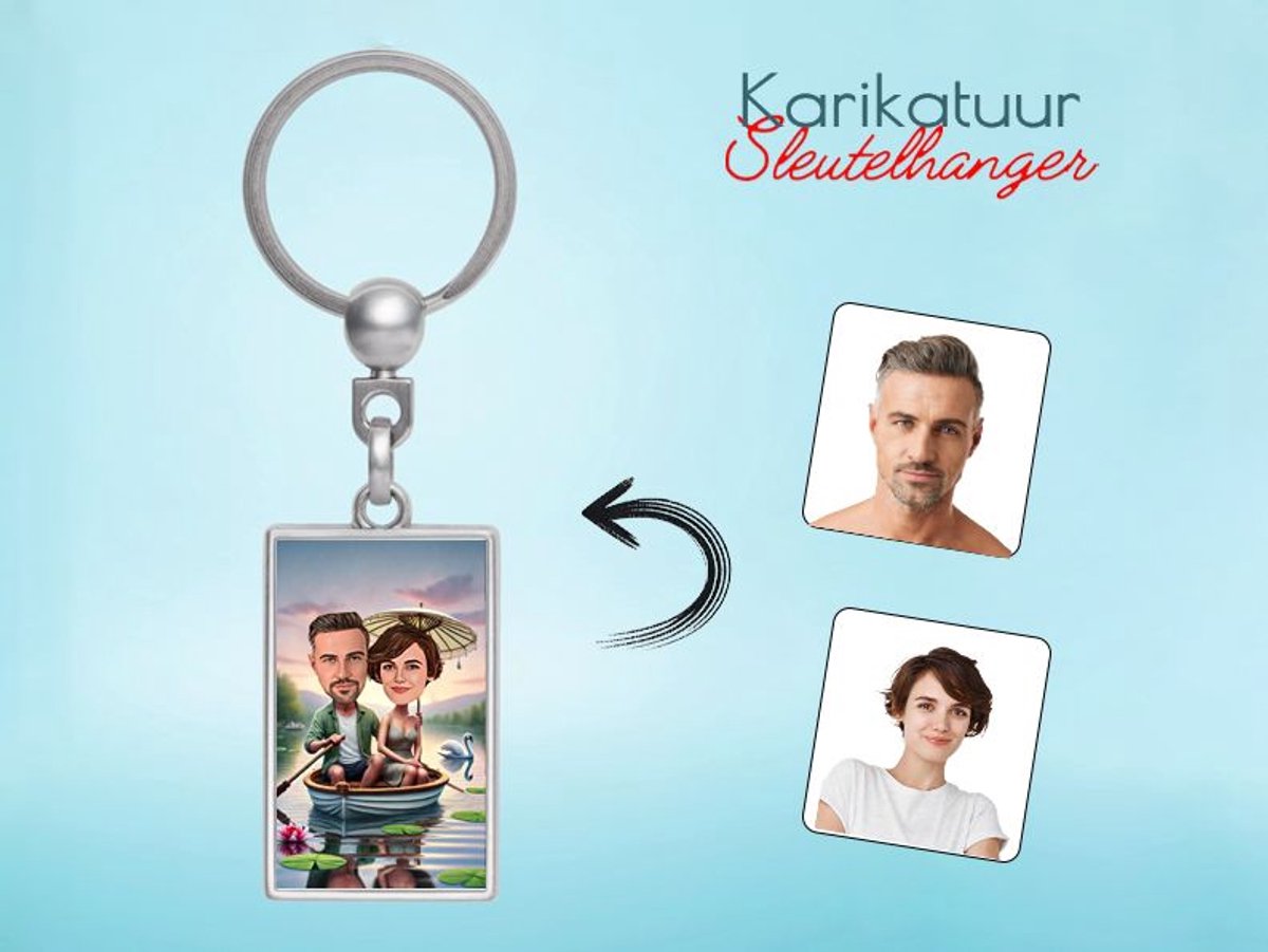 Boottocht bij Zonsondergang met Romantische Sfeer - Gepersonaliseerde Karikatuur Sleutelhanger - Gepersonaliseerd Cadeau - Met Jouw Foto - Verjaardag - Kerst - Valentijn - Uniek en Handgemaakt - Cadeau - Huwelijk - Moederdag - Vaderdag - Jubileum -
