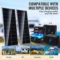 Twee zwarte zonnepanelen naast diverse batterijtypes (AGM, GEL, FLD, LI). Vier afbeeldingen tonen toepassingen: huis, camper, camping, jacht.