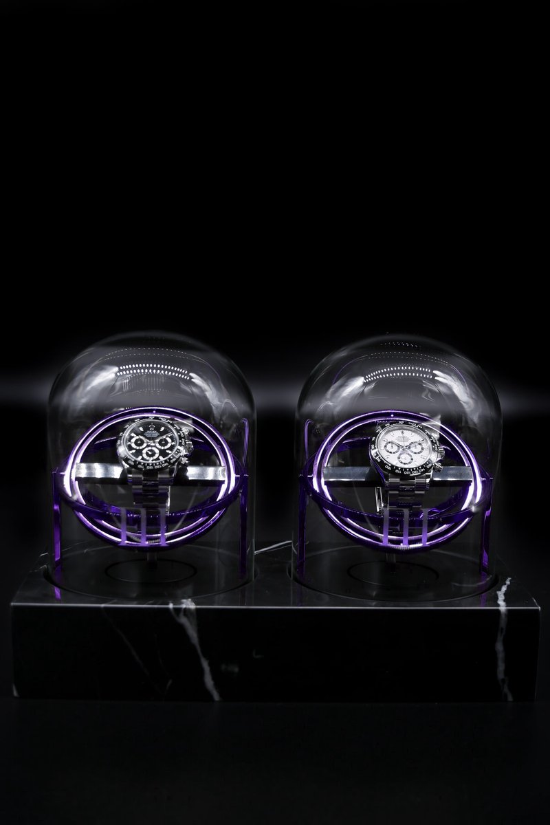 Dubbele Tourbillon horlogeopwinder in zwart Nero Marquina marmer en paars stalen ringen - Gyrowinder Orbit Watch Winder