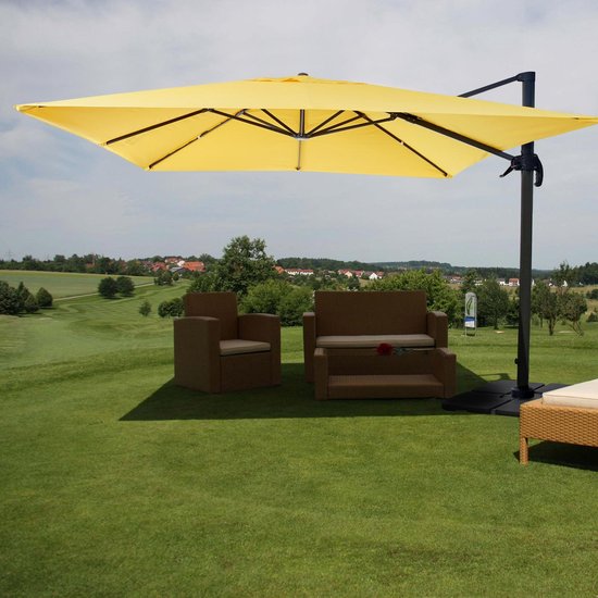 Zweefparasol MCW-A96, parasol 3x3m (Ø4.24m) polyester aluminium/staal 23kg ~ geel met voet