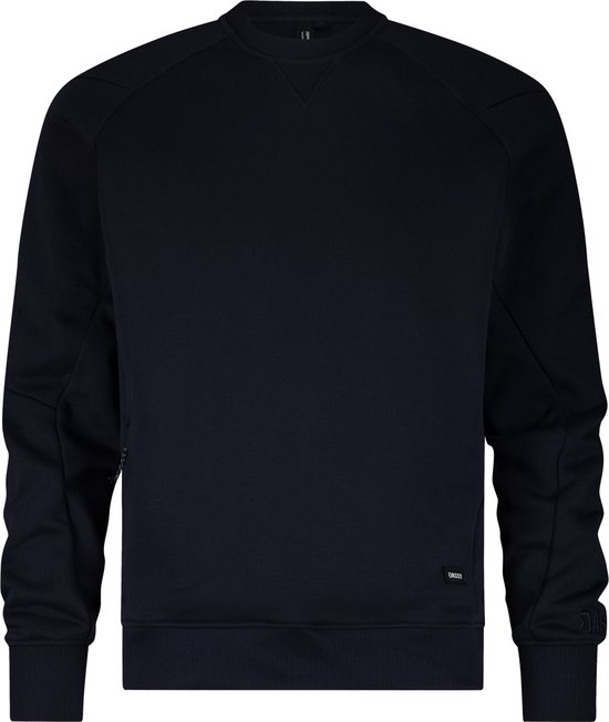 Donkerblauwe sweater met raglanmouwen, geborduurd logo op linker mouw en DASSY-label.