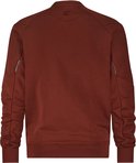 Donkerrode sweater, achterkant. Grijze reflecterende details op de mouwen. Ribgebreide boorden.