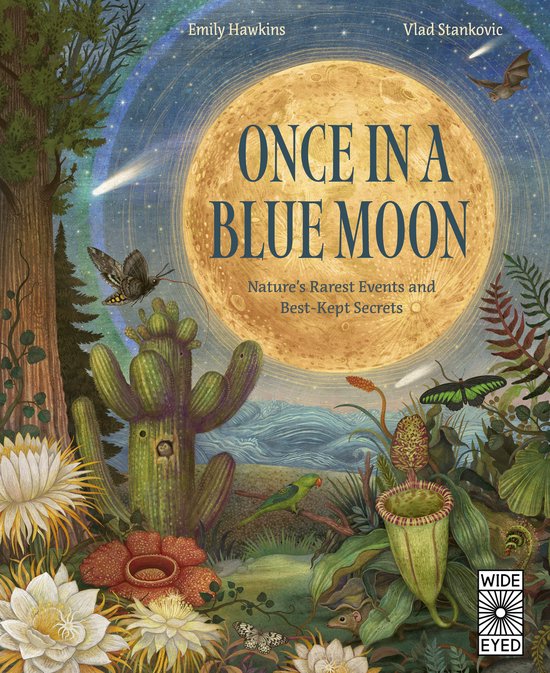Boek "Once in a Blue Moon" met illustraties van een volle maan, exotische planten, cactus, vlinders en een papegaai.